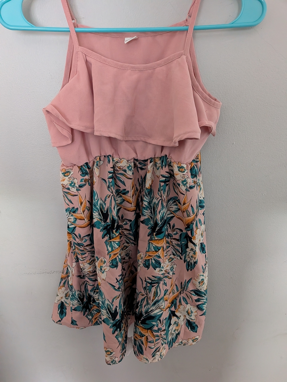 SHEIN Pink Floral Ruffle Sundress with Teal & Mustard Leaves